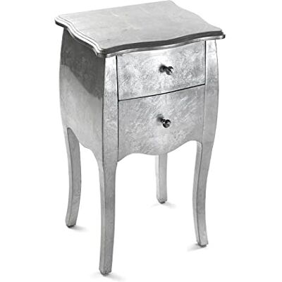 Versa Cagliari Nachtkastje, klein, voor slaapkamer, woonkamer, met 2 laden, afmetingen (L x B x H): 71 x 35 x 40 cm, hout, zilverkleurig Versa Cagliari Nachtkastje, klein, voor slaapkamer, woonkamer, met 2 laden, afmetingen (L x B x H): 71 x 35 x 40 cm, hout, zilverkleurig