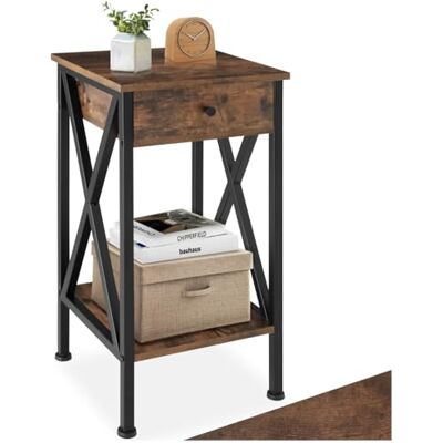 tectake ® Bijzettafel met lade en planken, nachtkastje, boxspringbed, industrieel design, 35 x 35 x 70,5 cm, hoge salontafel, zwart metalen frame (donkerbruin industrieel) tectake ® Bijzettafel met lade en planken, nachtkastje, boxspringbed, industrieel design, 35 x 35 x 70,5 cm, hoge salontafel, zwart metalen frame (donkerbruin industrieel)