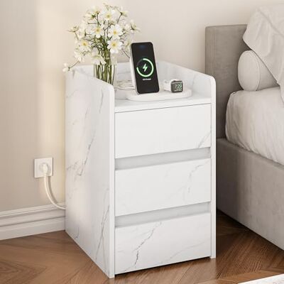 YITAHOME Nachtkastje met 3 laden en voeding met laadstation, 2 USB-poorten en stopcontacten, waterdichte bijzettafel voor woonkamer en slaapkamer, 35 x 40 x 60 cm, wit gemarmerd YITAHOME Nachtkastje met 3 laden en voeding met laadstation, 2 USB-poorten en stopcontacten, waterdichte bijzettafel voor woonkamer en slaapkamer, 35 x 40 x 60 cm, wit gemarmerd