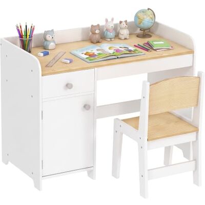 ZONEKIZ Kinderbureau met stoel, 3 tot 6 jaar, 80 x 39 x 59 cm, wit Kindertafel met lade, kast en groot blad, tafel voor studie, werk en schrijven ZONEKIZ Kinderbureau met stoel, 3 tot 6 jaar, 80 x 39 x 59 cm, wit Kindertafel met lade, kast en groot blad, tafel voor studie, werk en schrijven