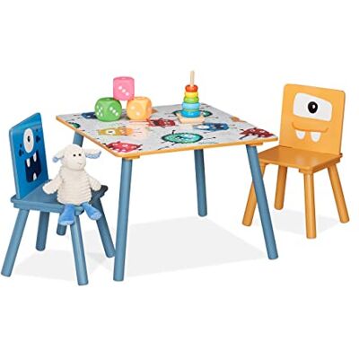 Relaxdays Tafelset en 2 kinderstoelen, kindertafel met 2 stoelen, jongens en meisjes, MDF en hout, kleurrijke zithoek Relaxdays Tafelset en 2 kinderstoelen, kindertafel met 2 stoelen, jongens en meisjes, MDF en hout, kleurrijke zithoek
