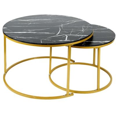 LANTUS Salontafel voor woonkamer, geschikt voor ramen en erker, 2-delige koffietafel, moderne ronde salontafel, ronde uitschuiftafel, rond, 70 x 70 x 45 cm, zwart en goud LANTUS Salontafel voor woonkamer, geschikt voor ramen en erker, 2-delige koffietafel, moderne ronde salontafel, ronde uitschuiftafel, rond, 70 x 70 x 45 cm, zwart en goud