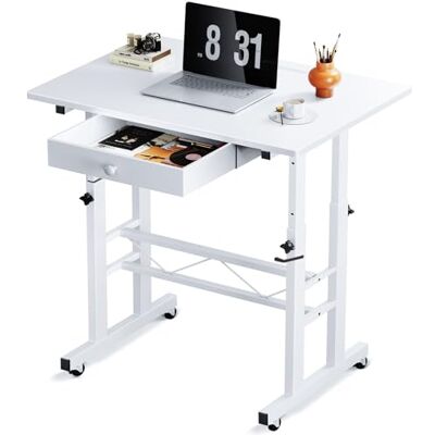 GTPLAYER Bureau, zittend, staand, bureau met opbergruimte, in hoogte verstelbaar bedtafel, 80 x 50 x (73-115 cm), laptopbureau met wieltjes, wit GTPLAYER Bureau, zittend, staand, bureau met opbergruimte, in hoogte verstelbaar bedtafel, 80 x 50 x (73-115 cm), laptopbureau met wieltjes, wit