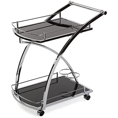 Versa Driana Moderne trolley voor keuken, woonkamer of eetkamer, met wielen, afmetingen (H x B x B) 73 x 46 x 66 cm, glas en metaal, kleur zwart Versa Driana Moderne trolley voor keuken, woonkamer of eetkamer, met wielen, afmetingen (H x B x B) 73 x 46 x 66 cm, glas en metaal, kleur zwart