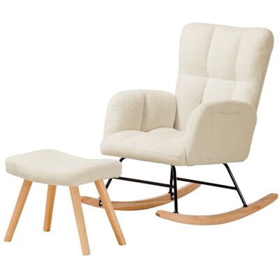 COMHOMA Schommelstoel, relaxstoel met armleuningen, pluche pluche, belastbaar tot 150 kg, ligstoel voor slaapkamer, beige met voetensteun COMHOMA Schommelstoel, relaxstoel met armleuningen, pluche pluche, belastbaar tot 150 kg, ligstoel voor slaapkamer, beige met voetensteun