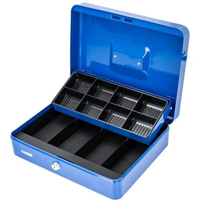 HMF Afsluitbare geldkist, geldkist met 8 muntvakken en 4 vakken voor bankbiljetten, 30 x 24 x 9 cm, blauw HMF Afsluitbare geldkist, geldkist met 8 muntvakken en 4 vakken voor bankbiljetten, 30 x 24 x 9 cm, blauw