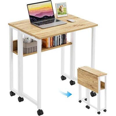 GreenForest Klein opvouwbaar bureau met wieltjes met opbergrek, 80 cm lang, voor kleine ruimtes, eenvoudige montage, eiken GreenForest Klein opvouwbaar bureau met wieltjes met opbergrek, 80 cm lang, voor kleine ruimtes, eenvoudige montage, eiken