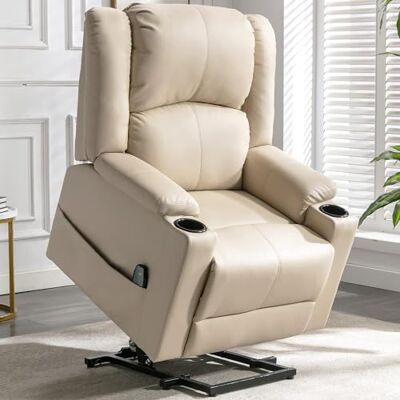 COMHOMA Elektrische fauteuil, relaxstoel, massage en ontspanning, stahulp, verstelbaar, intrekbare pedalen, met 2 bekerhouders, PU-leer, wit COMHOMA Elektrische fauteuil, relaxstoel, massage en ontspanning, stahulp, verstelbaar, intrekbare pedalen, met 2 bekerhouders, PU-leer, wit