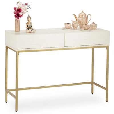 Relaxdays Consoletafel, 2 laden, bijzetmeubel, houtlook, woonkamer, hal, HLP 80 x 110 x 40 cm, wit/goud Relaxdays Consoletafel, 2 laden, bijzetmeubel, houtlook, woonkamer, hal, HLP 80 x 110 x 40 cm, wit/goud