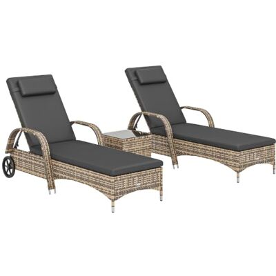 Outsunny Set van 2 ligstoelen voor ligstoelen, hoog comfort: matras Matras, hoofdsteun, verstelbare helling, meerdere posities, armleuningen, wielen, salontafel, gehard glas Outsunny Set van 2 ligstoelen voor ligstoelen, hoog comfort: matras Matras, hoofdsteun, verstelbare helling, meerdere posities, armleuningen, wielen, salontafel, gehard glas