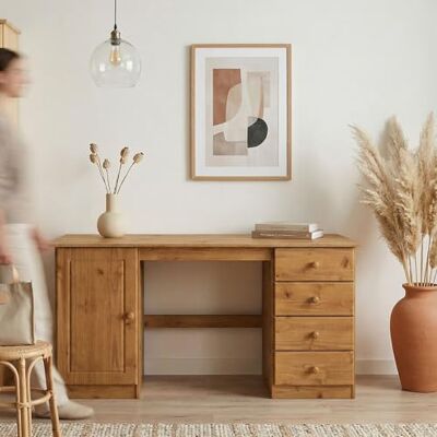 IDIMEX Bureau Manager L 145 cm van massief hout, kleur eiken, opbergruimte met 4 laden en 1 klapdeur, een groot dienblad, recht bureau, klassieke stijl IDIMEX Bureau Manager L 145 cm van massief hout, kleur eiken, opbergruimte met 4 laden en 1 klapdeur, een groot dienblad, recht bureau, klassieke stijl