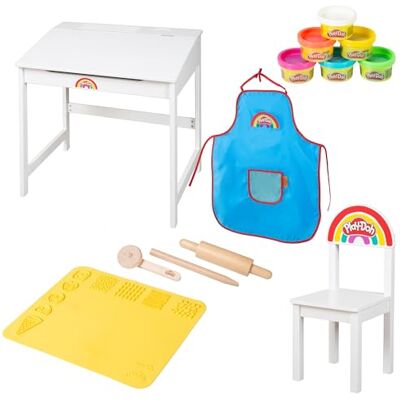roba x Play-Doh Schoolbureau en stoel + 6 potten boetseerklei, 3 gereedschappen van FSC hout, BPA-vrije 3D-mat en waterdicht schort creatieve vrijetijdsset voor kinderen vanaf 3 jaar roba x Play-Doh Schoolbureau en stoel + 6 potten boetseerklei, 3 gereedschappen van FSC hout, BPA-vrije 3D-mat en waterdicht schort creatieve vrijetijdsset voor kinderen vanaf 3 jaar