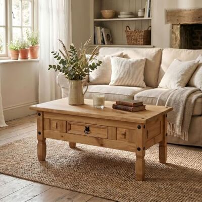 IDIMEX Esteban Massief grenen Salontafel Mexicaanse stijl met 1 lade, woonkamertafel van getint/gewaxt hout met 4 poten IDIMEX Esteban Massief grenen Salontafel Mexicaanse stijl met 1 lade, woonkamertafel van getint/gewaxt hout met 4 poten
