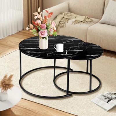 LANTUS Design salontafel met marmereffect voor woonkamer, diameter 70 + 50 cm, grote ronde tafel, marmereffect, wit en stalen frame goud, 70 x 70 x 45 cm, zwart, 2 stuks LANTUS Design salontafel met marmereffect voor woonkamer, diameter 70 + 50 cm, grote ronde tafel, marmereffect, wit en stalen frame goud, 70 x 70 x 45 cm, zwart, 2 stuks