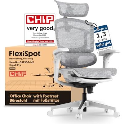 FLEXISPOT ErgoX Pro Ergonomische bureaustoel met voetensteun, 12 niveaus in hoogte verstelbaar, 7D-armleuningen, 5D-lendensteun, 4D-hoofdsteun, belasting 250 kg en ademende mesh-zitting, grijs FLEXISPOT ErgoX Pro Ergonomische bureaustoel met voetensteun, 12 niveaus in hoogte verstelbaar, 7D-armleuningen, 5D-lendensteun, 4D-hoofdsteun, belasting 250 kg en ademende mesh-zitting, grijs