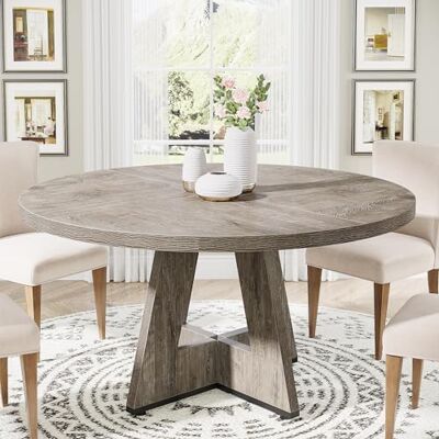 Tribesigns ronde houten eettafel 119,4 cm voor 4 personen, rustieke tafel met houten blad en poten, grijs Tribesigns ronde houten eettafel 119,4 cm voor 4 personen, rustieke tafel met houten blad en poten, grijs