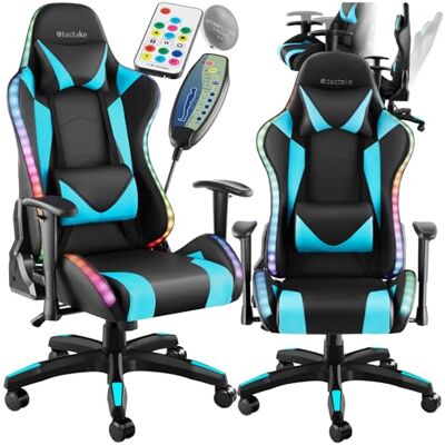 tectake Gamingstoel met massagefunctie, led-bureau, bureaustoel, gamingdraaistoel, draagvermogen tot 120 kg, zwart/azuurblauw tectake Gamingstoel met massagefunctie, led-bureau, bureaustoel, gamingdraaistoel, draagvermogen tot 120 kg, zwart/azuurblauw