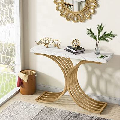 Tribesigns Smalle consoletafel met goudkleurig metalen frame, 100 x 30 x 80 cm, kleine expositietafel, salontafel voor kleine ruimtes, voor entree, hal, woonkamer (wit en goud) Tribesigns Smalle consoletafel met goudkleurig metalen frame, 100 x 30 x 80 cm, kleine expositietafel, salontafel voor kleine ruimtes, voor entree, hal, woonkamer (wit en goud)