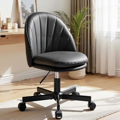 COMHOMA Homeoffice Make-upstoel, bureaustoel, draaistoel, zonder armleuningen, met rugsteun, comfortabele bureaustoel op wielen, in hoogte verstelbaar, kunstleer, zwart COMHOMA Homeoffice Make-upstoel, bureaustoel, draaistoel, zonder armleuningen, met rugsteun, comfortabele bureaustoel op wielen, in hoogte verstelbaar, kunstleer, zwart