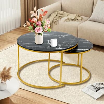 LANTUS Set van 2 bijzettafels, grote ronde tafel, marmerlook, bijzettafel, industrieel design, metalen poten, uittrekbaar, voor woonkamer, eetkamer, slaapkamer, balkon, 70 x 70 x 45 cm LANTUS Set van 2 bijzettafels, grote ronde tafel, marmerlook, bijzettafel, industrieel design, metalen poten, uittrekbaar, voor woonkamer, eetkamer, slaapkamer, balkon, 70 x 70 x 45 cm