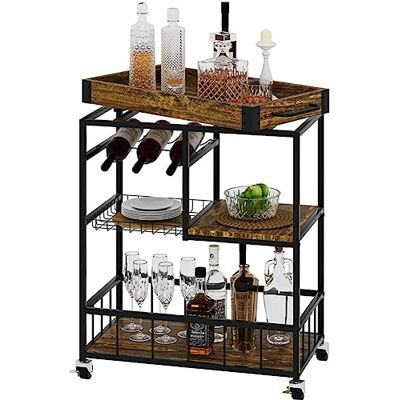 BAKAJI Multifunctionele keukenwagen met deelbaar dienblad en 4 wielen, trolley in industriële stijl met zwart ijzeren frame en notenhouten planken, flessenhouder vak BAKAJI Multifunctionele keukenwagen met deelbaar dienblad en 4 wielen, trolley in industriële stijl met zwart ijzeren frame en notenhouten planken, flessenhouder vak