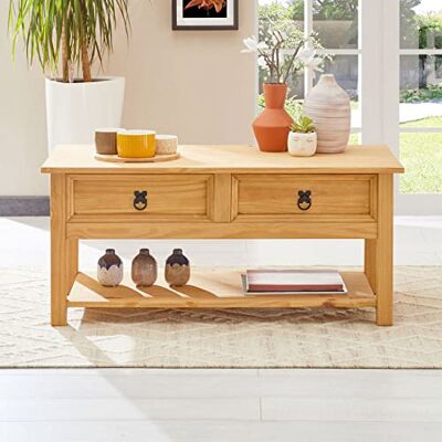 IDIMEX Salontafel Tequila rechthoekige woonkamertafel, Mexicaanse stijl, met 2 laden en 1 onderste plank, van massief grenen met getinte en gewaxte afwerking IDIMEX Salontafel Tequila rechthoekige woonkamertafel, Mexicaanse stijl, met 2 laden en 1 onderste plank, van massief grenen met getinte en gewaxte afwerking