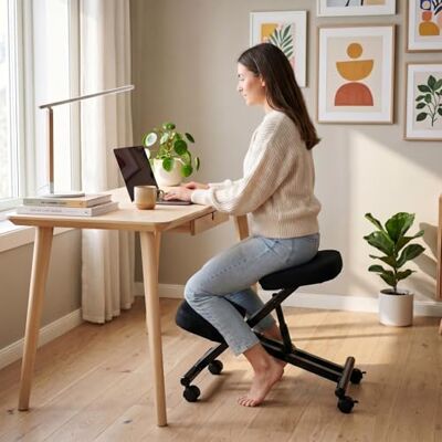 IDIMEX Robert Ergonomische kruk, verstelbare zitting, kniesteun, professionele stoel op wielen zonder rugleuning, rechte houding, ontspanning, massage, metalen frame, zwart en gevoerde zitting, zwart IDIMEX Robert Ergonomische kruk, verstelbare zitting, kniesteun, professionele stoel op wielen zonder rugleuning, rechte houding, ontspanning, massage, metalen frame, zwart en gevoerde zitting, zwart