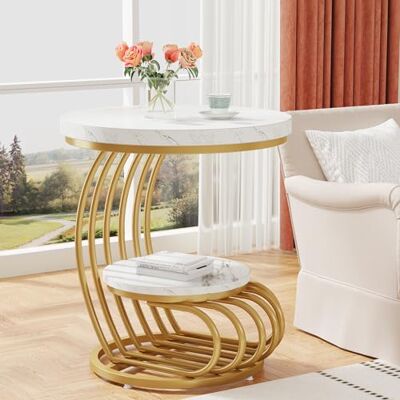 Tribesigns Ronde gouden bijzettafel met 2 niveaus in set van 2 met opbergvak, modern nachtkastje in witgoud, bijzettafel van synthetisch marmer voor woonkamer (1 stuk) Tribesigns Ronde gouden bijzettafel met 2 niveaus in set van 2 met opbergvak, modern nachtkastje in witgoud, bijzettafel van synthetisch marmer voor woonkamer (1 stuk)