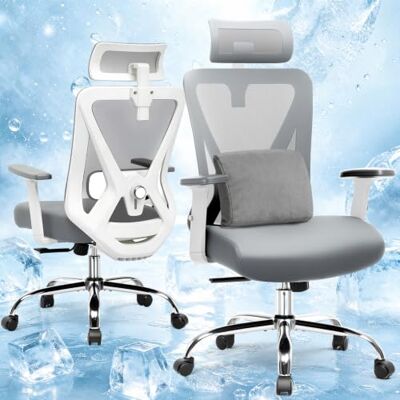 COMHOMA Ergonomische bureaustoel met 3D-hoofdsteun en 3D-lendensteun, verstelbare armleuningen, kantel- en kantelfunctie, grijs COMHOMA Ergonomische bureaustoel met 3D-hoofdsteun en 3D-lendensteun, verstelbare armleuningen, kantel- en kantelfunctie, grijs