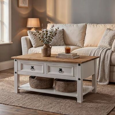 IDIMEX Salontafel Campo Rechthoekige bijzettafel van massief grenen, wit en bruin, met 2 laden, van hout dim 100 x 45 x 60 cm IDIMEX Salontafel Campo Rechthoekige bijzettafel van massief grenen, wit en bruin, met 2 laden, van hout dim 100 x 45 x 60 cm
