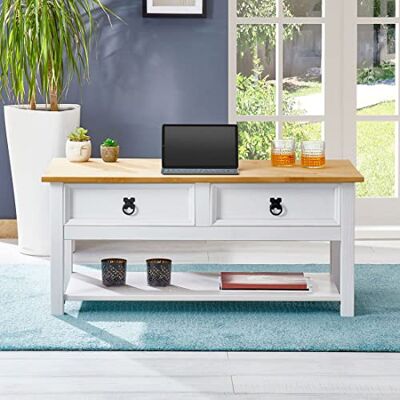 IDIMEX Salontafel Tequila rechthoekige woonkamertafel, Mexicaanse stijl, met 2 laden en 1 onderste plank, van massief grenenhout, wit en bruin gelakt IDIMEX Salontafel Tequila rechthoekige woonkamertafel, Mexicaanse stijl, met 2 laden en 1 onderste plank, van massief grenenhout, wit en bruin gelakt