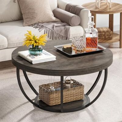 Tribesigns Ronde salontafel, 80,5 cm, ronde houten salontafel met 2 niveaus, met opbergplanken, moderne bijzettafel voor woonkamer, grijs Tribesigns Ronde salontafel, 80,5 cm, ronde houten salontafel met 2 niveaus, met opbergplanken, moderne bijzettafel voor woonkamer, grijs