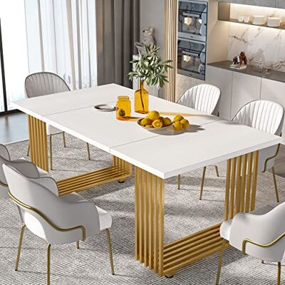 Tribesigns Moderne eettafel voor 6 tot 8 personen, 180,8 cm lang, wit, houten keuken met goudkleurige metalen poten, rechthoekige eetkamer, familiebijeenkomsten Tribesigns Moderne eettafel voor 6 tot 8 personen, 180,8 cm lang, wit, houten keuken met goudkleurige metalen poten, rechthoekige eetkamer, familiebijeenkomsten