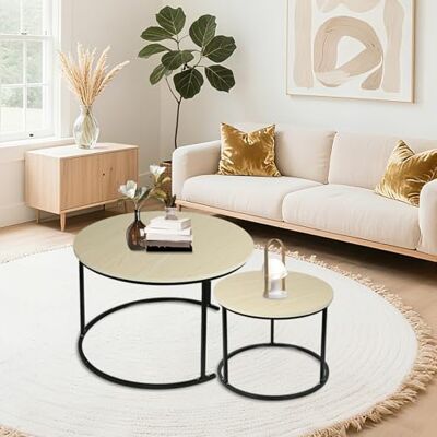 LANTUS Set van 2 salontafels, marmer/bijzettafel, diameter 70 + 50 cm, grote ronde tafel, marmerlook voor woonkamer, slaapkamer, balkon, 770 x 70 x 45 cm (origineel hout + zwarte poten) LANTUS Set van 2 salontafels, marmer/bijzettafel, diameter 70 + 50 cm, grote ronde tafel, marmerlook voor woonkamer, slaapkamer, balkon, 770 x 70 x 45 cm (origineel hout + zwarte poten)