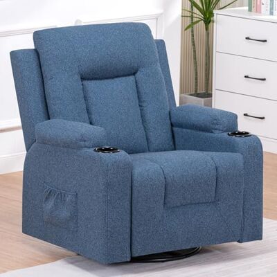 COMHOMA Relaxstoel van stof voor woonkamer, met handmatig verstelbare rugleuning, uittrekbare voetensteun, 360° draaibare basis, bekerhouder, zijzakken en ergonomisch design, blauw COMHOMA Relaxstoel van stof voor woonkamer, met handmatig verstelbare rugleuning, uittrekbare voetensteun, 360° draaibare basis, bekerhouder, zijzakken en ergonomisch design, blauw
