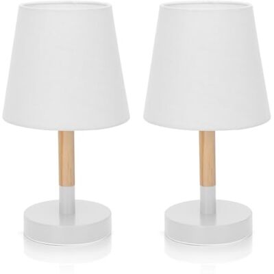 Aigostar Moderne houten tafellamp, bedlampje met kap van witte stof en metalen voet, E14-fitting, milieuvriendelijk en vintage voor slaapkamer en woonkamer Aigostar Moderne houten tafellamp, bedlampje met kap van witte stof en metalen voet, E14-fitting, milieuvriendelijk en vintage voor slaapkamer en woonkamer