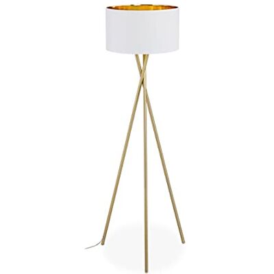 Relaxdays Statief vloerlamp, stoffen lampenkap, H x D: 148,5 x 53,5 cm, fitting E27, van linnen en metaal, goud/wit Relaxdays Statief vloerlamp, stoffen lampenkap, H x D: 148,5 x 53,5 cm, fitting E27, van linnen en metaal, goud/wit
