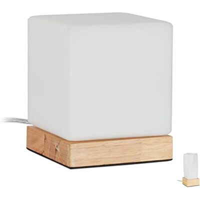 Relaxdays 10027473_615 Tafellamp woonkamer en slaapkamer, hout en opaal glas, E14, nachtlampje, kubus, natuur, wit-bruin, 15 x 12 x 12 cm Relaxdays 10027473_615 Tafellamp woonkamer en slaapkamer, hout en opaal glas, E14, nachtlampje, kubus, natuur, wit-bruin, 15 x 12 x 12 cm