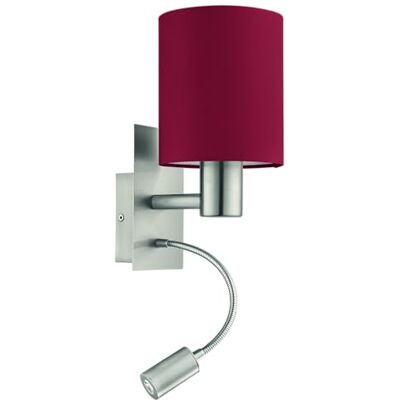EGLO Pasteri Wandlamp, textiellamp slaapkamer met led lezen, wandbevestiging metaal zilver en bordeauxbruine stof, E27 fitting EGLO Pasteri Wandlamp, textiellamp slaapkamer met led lezen, wandbevestiging metaal zilver en bordeauxbruine stof, E27 fitting