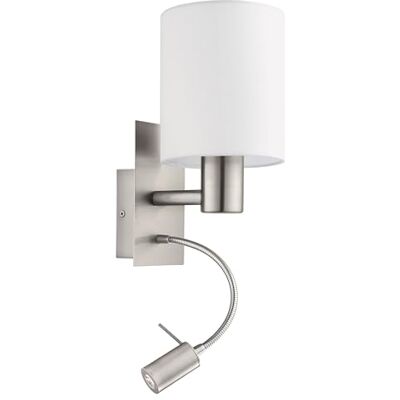 EGLO LED wandlamp PASTERI, 2-lamps textiel wandarmatuur, materiaal: staal, stof, kleur: nikkel mat, grijs, wit, fitting: E27, incl. schakelaar en flexibel leeslampje EGLO LED wandlamp PASTERI, 2-lamps textiel wandarmatuur, materiaal: staal, stof, kleur: nikkel mat, grijs, wit, fitting: E27, incl. schakelaar en flexibel leeslampje