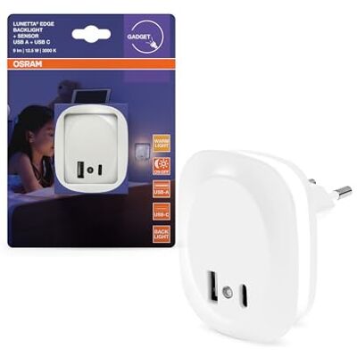 OSRAM Lunetta Edge nachtlampje, wit, 0,35 W, 10 lm, warm wit licht, daglichtsensor, USB-A- en USB-C-aansluiting, led-technologie, oplaadfunctie, lange levensduur, IP20, 3 OSRAM Lunetta Edge nachtlampje, wit, 0,35 W, 10 lm, warm wit licht, daglichtsensor, USB-A- en USB-C-aansluiting, led-technologie, oplaadfunctie, lange levensduur, IP20, 3