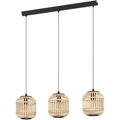 EGLO 43217 Bordesley, 3-vlammige vintage hanglamp, naturel, boho, hygge, hanglamp van staal in zwart en hout in naturel kleuren, eettafellamp, woonkamerlamp hangend met E27-fitting EGLO 43217 Bordesley, 3-vlammige vintage hanglamp, naturel, boho, hygge, hanglamp van staal in zwart en hout in naturel kleuren, eettafellamp, woonkamerlamp hangend met E27-fitting