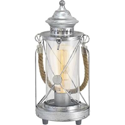 EGLO Tafellamp Bradford, 1-vlammige vintage tafellamp, lantaarn, bedlampje van staal, kleur: zilver antiek, glas: helder, fitting: E27, incl. schakelaar acier argenté, verre transparent, douille E27, avec interrupteur EGLO Tafellamp Bradford, 1-vlammige vintage tafellamp, lantaarn, bedlampje van staal, kleur: zilver antiek, glas: helder, fitting: E27, incl. schakelaar acier argenté, verre transparent, douille E27, avec interrupteur