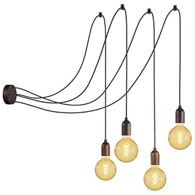 Creative Spider Wall Meervoudige hanglamp met 4 armen, gemaakt in Italië, met textielkabel en houten afwerking zonder lamp, wengé-effect Creative Spider Wall Meervoudige hanglamp met 4 armen, gemaakt in Italië, met textielkabel en houten afwerking zonder lamp, wengé-effect