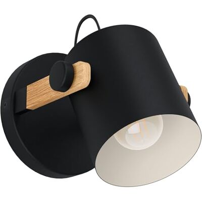 EGLO Hornwood Wandlamp, vintage wandlamp in industriële stijl, retro lamp van staal en hout, kleur zwart, crème, bruin, fitting E27, FSC-gecertificeerd EGLO Hornwood Wandlamp, vintage wandlamp in industriële stijl, retro lamp van staal en hout, kleur zwart, crème, bruin, fitting E27, FSC-gecertificeerd
