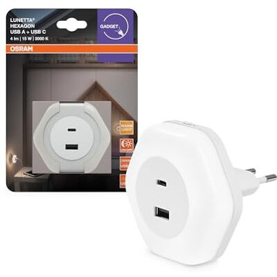 OSRAM LUNETTA HEXAGON Nachtlampje, wit, 5 W, 5 lm, warm wit licht, USB-A- en USB-C-aansluiting, led-technologie, oplaadfunctie, lange levensduur, IP20 beschermingsklasse, 3000 K OSRAM LUNETTA HEXAGON Nachtlampje, wit, 5 W, 5 lm, warm wit licht, USB-A- en USB-C-aansluiting, led-technologie, oplaadfunctie, lange levensduur, IP20 beschermingsklasse, 3000 K