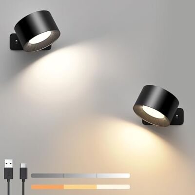 Mexllex Set van 2 LED-wandlampen voor binnen, 3 helderheidsniveaus, 3 kleurmodi, bedlamp, 360 graden draaibaar, voor woonkamer, slaapkamer, hal, draadloze wandlampen (zwart) Mexllex Set van 2 LED-wandlampen voor binnen, 3 helderheidsniveaus, 3 kleurmodi, bedlamp, 360 graden draaibaar, voor woonkamer, slaapkamer, hal, draadloze wandlampen (zwart)