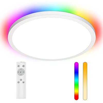 LEDYA Led-dekkingslamp, dimbaar, 18 W RGB afdeklamp met afstandsbediening, ronde plafondlamp voor woonkamer, slaapkamer, kinderkamer, keuken, badkamer, badkamer, 1600 lm, diameter 295 x 25 mm LEDYA Led-dekkingslamp, dimbaar, 18 W RGB afdeklamp met afstandsbediening, ronde plafondlamp voor woonkamer, slaapkamer, kinderkamer, keuken, badkamer, badkamer, 1600 lm, diameter 295 x 25 mm