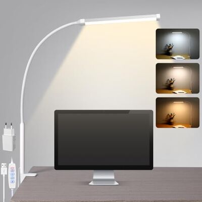 LIBORA Led-bureaulamp met klem, 3 kleurmodi en 10 helderheidsniveaus, daglicht, oogbescherming, leeslamp met flexibele zwanenhals, 360 graden verstelbaar, wit LIBORA Led-bureaulamp met klem, 3 kleurmodi en 10 helderheidsniveaus, daglicht, oogbescherming, leeslamp met flexibele zwanenhals, 360 graden verstelbaar, wit