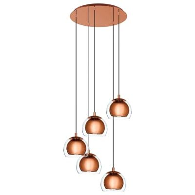 EGLO Rocamar 1 Hanglamp, 5-lichts, modern, van staal, koper en helder glas, eettafellamp, woonkamerlamp, met E27-fitting EGLO Rocamar 1 Hanglamp, 5-lichts, modern, van staal, koper en helder glas, eettafellamp, woonkamerlamp, met E27-fitting
